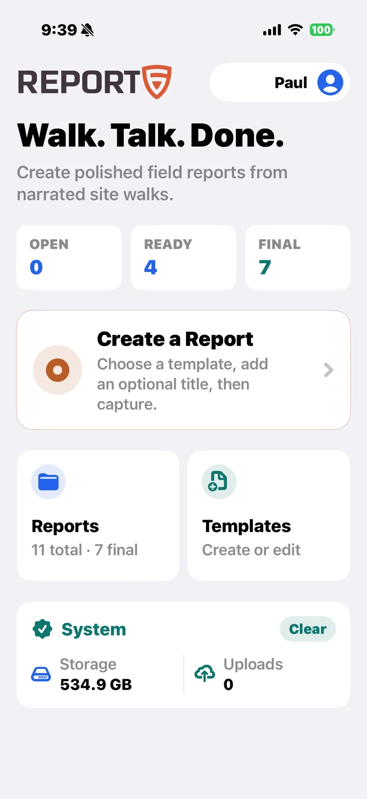 The Report6 iPhone app home screen — create a report, browse templates, and your report library.