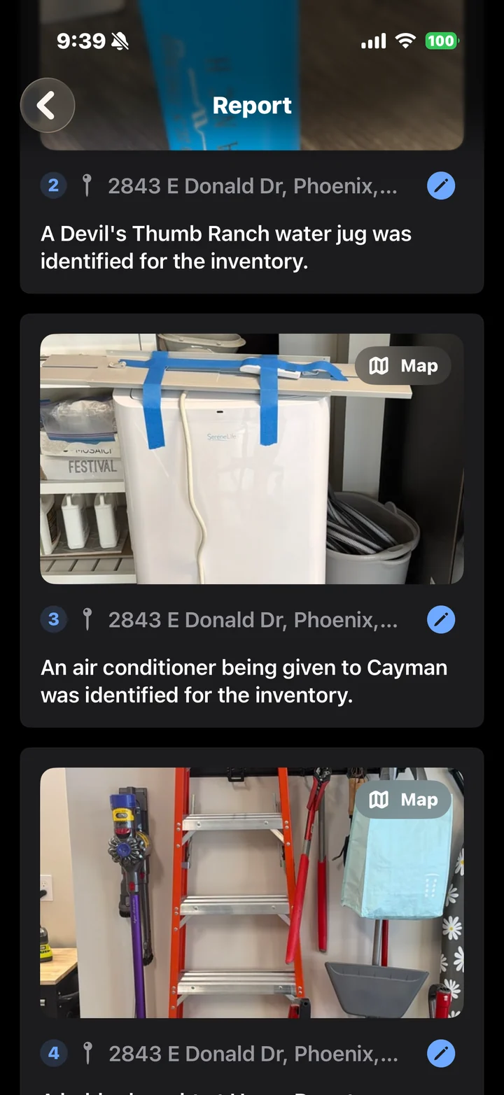A finished Report6 report — captured photos with auto-written findings and the street address for each item.