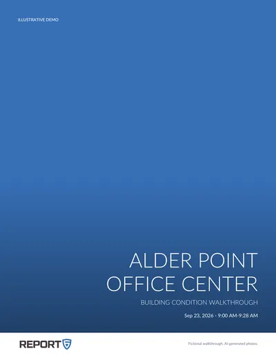 Sample report page 1, the cover: Alder Point Office Center, building condition walkthrough, Sep 23, 2026, marked Illustrative demo.