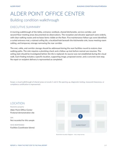 Sample report page 2, executive summary and location: a summary of six observations and five follow-ups, and an illustrative location diagram for the fictional site.